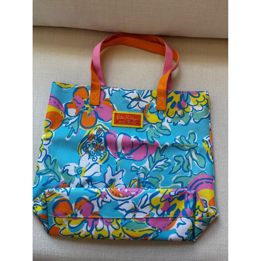 Lilly Pulitzer Tote Bag OS Blue‎ Floral Estee Lauder Canvas Beach Bag Travel